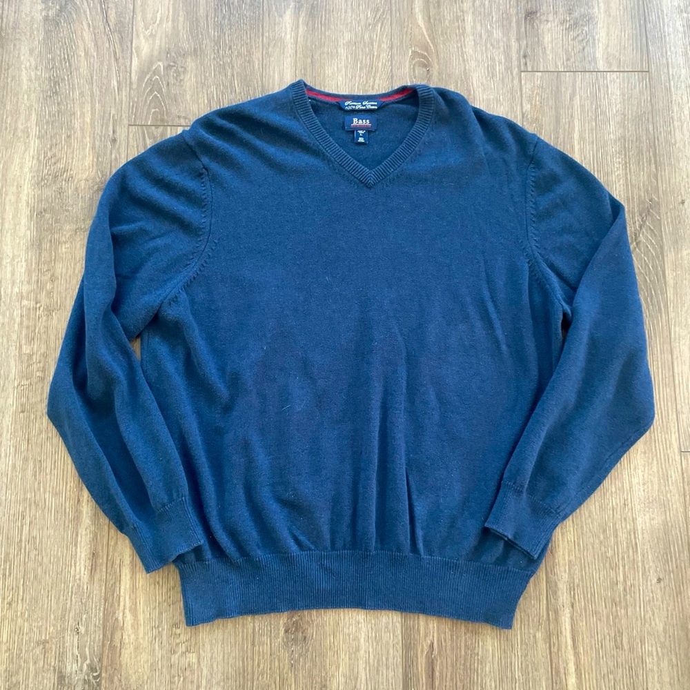 Vintage G.H. Bass 100% Pima Cotton Sweater Mens Large Blue Navy V Neck Jumper
